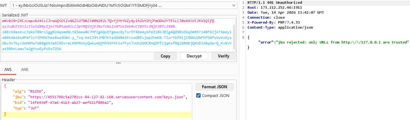 Burp Suite showing jku rejection error