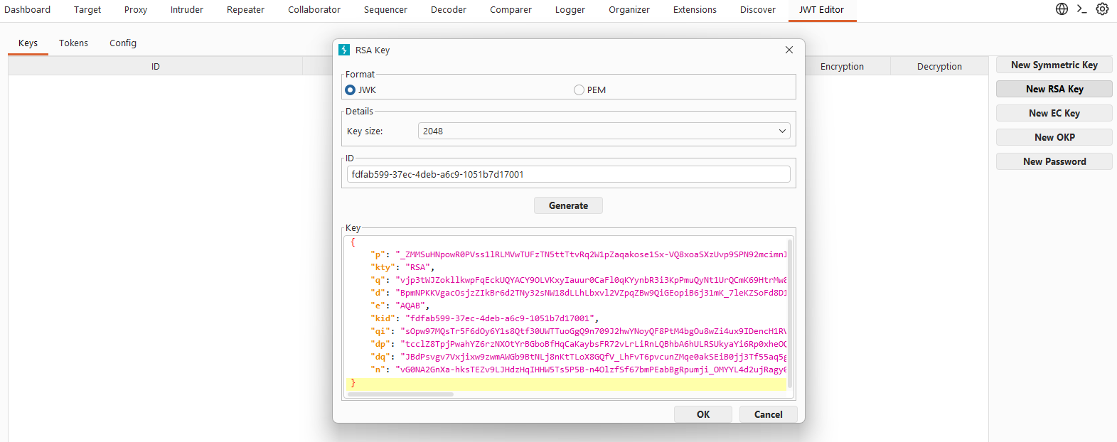 Burp Suite JWT Editor generating the RSA key and JWKS