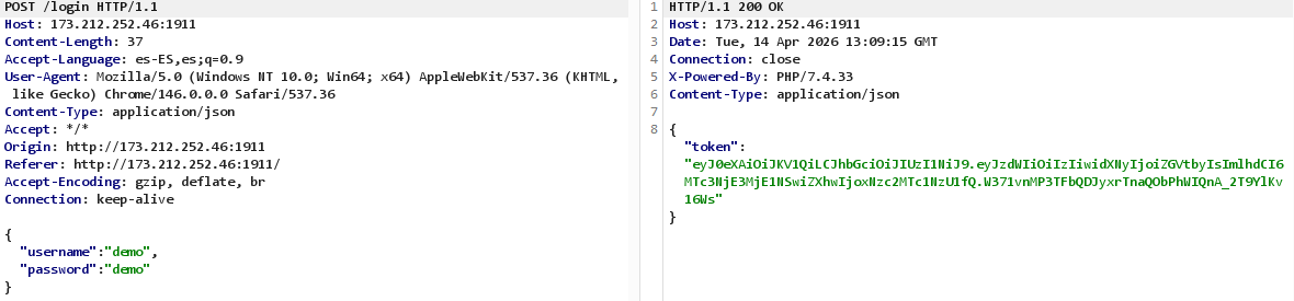 Burp Suite showing login request and JWT response